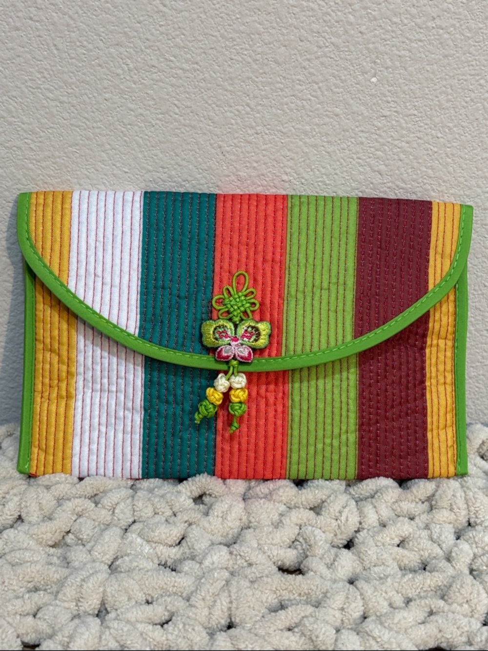 Striped Multicolor Purse with Green Trim and Floral Knot